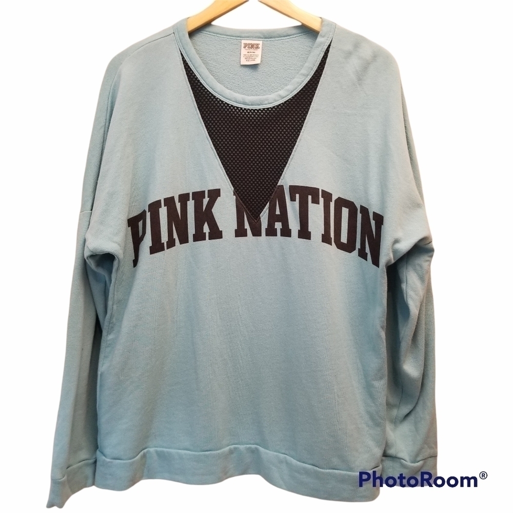 {M} PINK VS Mesh V Cutout Crew Pullover Baby Blue Sweatshirt